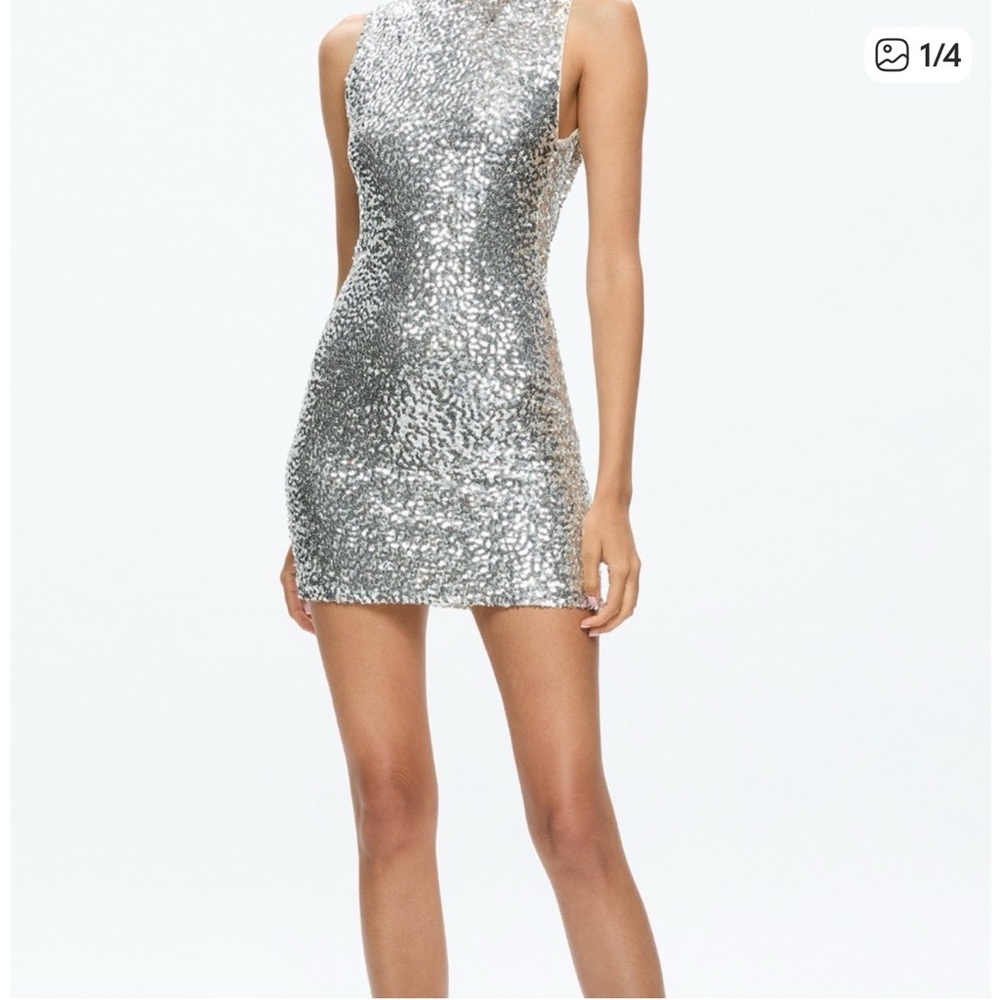 Alice and Olivia Silver Sequin Cowl Back Dress